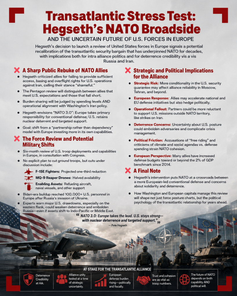 transcatlantic stress - washington eye Infographic poster criticizing NATO burden sharing and U.S. forces in Europe, with bullet-point sections and a bottom image of a fighter jet, soldiers, and flags.