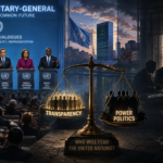 Panel of five diverse candidates at UN-style podiums during a televised debate; large 'THE NEXT SECRETARY-GENERAL' banner behind them and a crowd watching.
