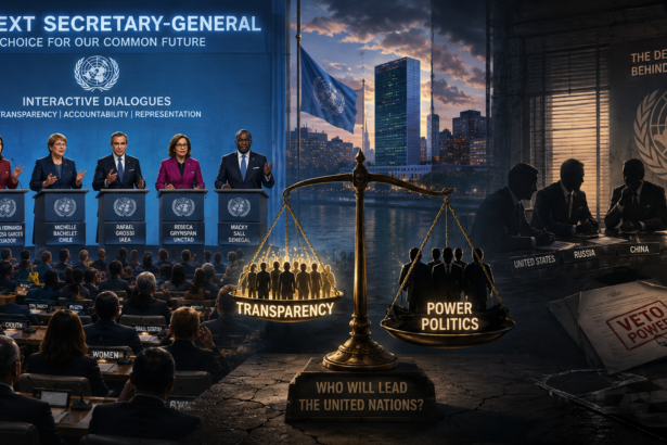 Panel of five diverse candidates at UN-style podiums during a televised debate; large 'THE NEXT SECRETARY-GENERAL' banner behind them and a crowd watching.