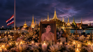 Framed portrait of Thailand's queen amid flowers and candles at night, with the grand palace temple in the background.
