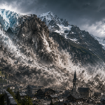 Avalanche roaring down a steep mountain toward a Swiss village, with spectators on a roadside and a church steeple in the foreground.
