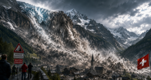 Avalanche roaring down a steep mountain toward a Swiss village, with spectators on a roadside and a church steeple in the foreground.