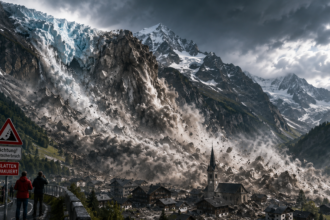 Avalanche roaring down a steep mountain toward a Swiss village, with spectators on a roadside and a church steeple in the foreground.