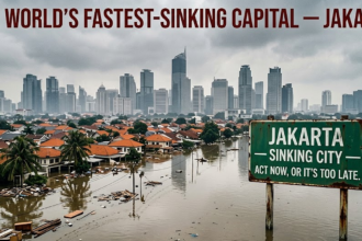 Flooded Jakarta neighborhood with boats and palm trees, city skyline in the distance; a sign reads 'Jakarta — Sinking City — Act now, or it’s too late.'