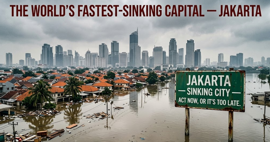 the worlds fastest-sinking capital 16_9 - washington eye Flooded Jakarta neighborhood with boats and palm trees, city skyline in the distance; a sign reads 'Jakarta — Sinking City — Act now, or it’s too late.'