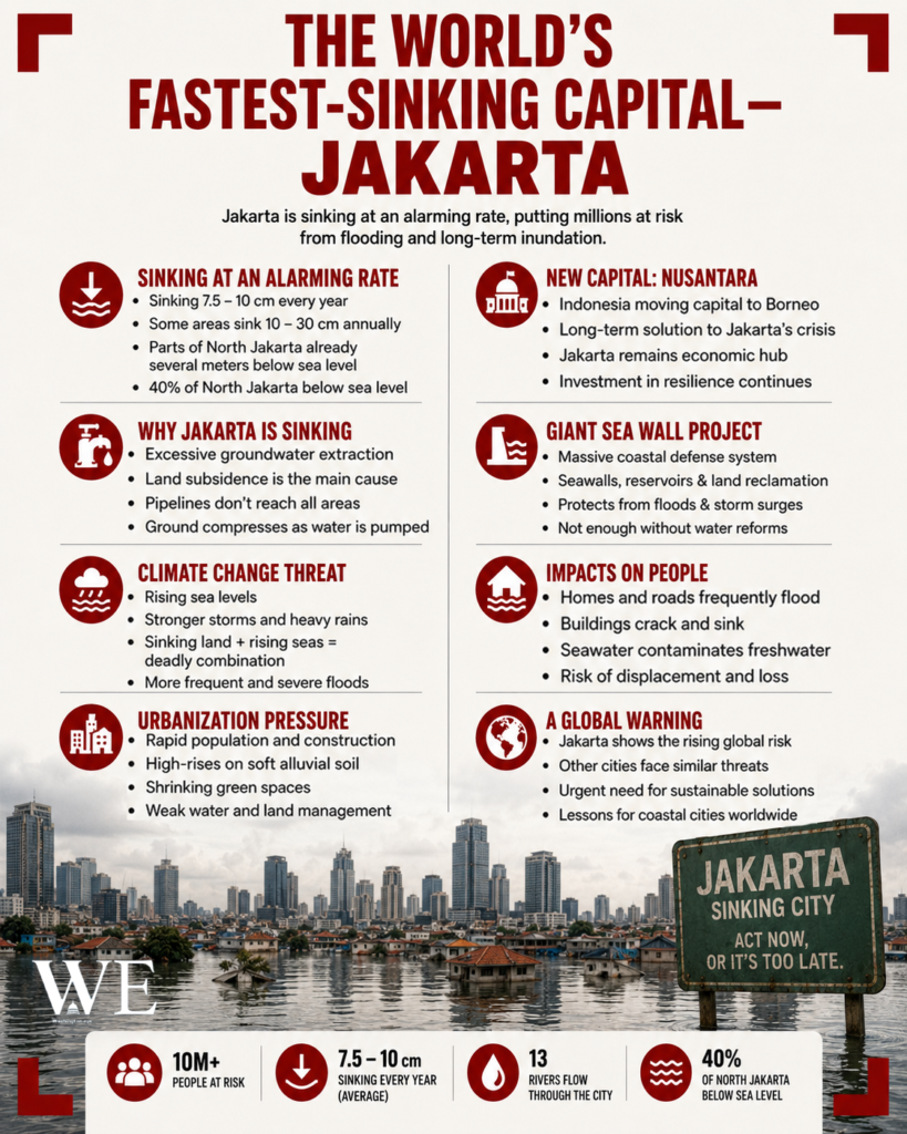 the worlds fastest-sinking capital 4_5 - washington eye Informational infographic about Jakarta sinking with sections on sinking rate, causes, impacts, and future plans, set against a flooded city skyline and a'Jakarta Sinking City' sign.