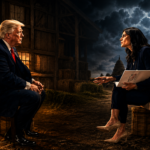 Man in a suit sits facing a journalist in a rustic barn with an American flag; a John Deere tractor and the Capitol dome appear against a stormy sky in the background.