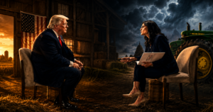 Man in a suit sits facing a journalist in a rustic barn with an American flag; a John Deere tractor and the Capitol dome appear against a stormy sky in the background.