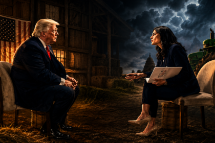 Man in a suit sits facing a journalist in a rustic barn with an American flag; a John Deere tractor and the Capitol dome appear against a stormy sky in the background.