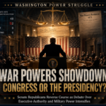 Montage of the Capitol, a president at a podium inside a congressional chamber, and war powers documents with the headline 'War Powers Showdown' in bold letters.