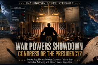 Montage of the Capitol, a president at a podium inside a congressional chamber, and war powers documents with the headline 'War Powers Showdown' in bold letters.