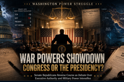 Montage of the Capitol, a president at a podium inside a congressional chamber, and war powers documents with the headline 'War Powers Showdown' in bold letters.