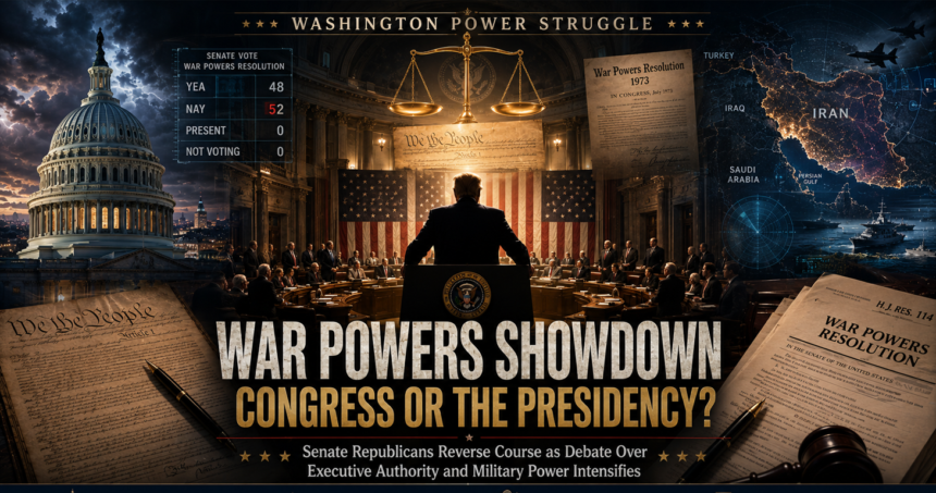 trump senate republicans and the reassertion that never was - washington eye Montage of the Capitol, a president at a podium inside a congressional chamber, and war powers documents with the headline 'War Powers Showdown' in bold letters.