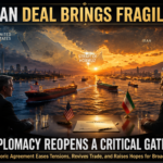 Two men in suits sit at a table with US and Iran flags, overlooking a busy harbor at sunset as ships pass; headline reads 'US-IRAN DEAL BRINGS FRAGILE CALM.'