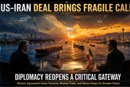 Two men in suits sit at a table with US and Iran flags, overlooking a busy harbor at sunset as ships pass; headline reads 'US-IRAN DEAL BRINGS FRAGILE CALM.'