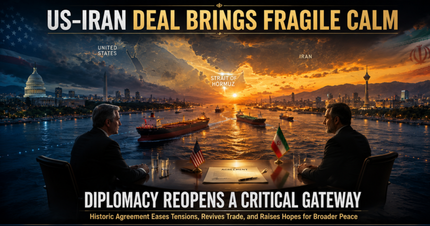 Two men in suits sit at a table with US and Iran flags, overlooking a busy harbor at sunset as ships pass; headline reads 'US-IRAN DEAL BRINGS FRAGILE CALM.'