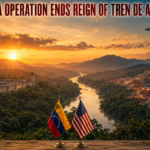 Sunset over a river valley with ruins; US and Venezuelan flags in the foreground, a helicopter overhead, headline about ending Tren de Aragua leader.