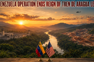 Sunset over a river valley with ruins; US and Venezuelan flags in the foreground, a helicopter overhead, headline about ending Tren de Aragua leader.