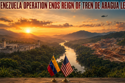 Sunset over a river valley with ruins; US and Venezuelan flags in the foreground, a helicopter overhead, headline about ending Tren de Aragua leader.