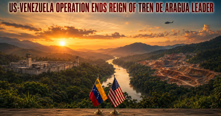 Sunset over a river valley with ruins; US and Venezuelan flags in the foreground, a helicopter overhead, headline about ending Tren de Aragua leader.