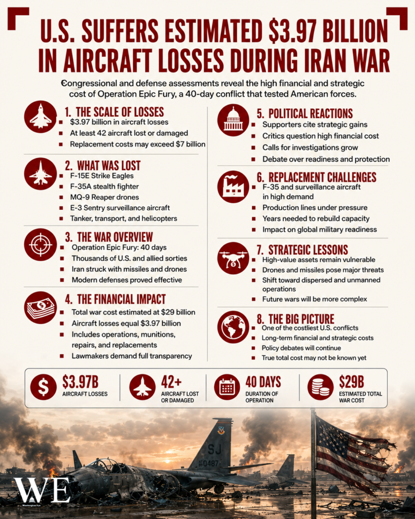 Infographic detailing the estimated .97B U.S. aircraft losses in a Iran War scenario, listing factors and impacts with icons, followed by a war scene of wrecked planes and an American flag.