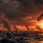 American flag on a tall pole rises over a war-torn airfield, with smoking wreckage and orange sunset skies behind blazing fires.