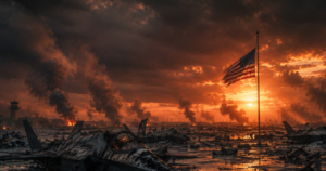 American flag on a tall pole rises over a war-torn airfield, with smoking wreckage and orange sunset skies behind blazing fires.