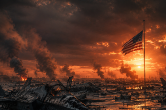 American flag on a tall pole rises over a war-torn airfield, with smoking wreckage and orange sunset skies behind blazing fires.