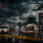 Ebola crisis scene in DR Congo with medical tents, hazmat workers, ambulance, and quarantine tape under stormy skies.