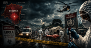 Ebola crisis scene in DR Congo with medical tents, hazmat workers, ambulance, and quarantine tape under stormy skies.
