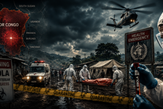 Ebola crisis scene in DR Congo with medical tents, hazmat workers, ambulance, and quarantine tape under stormy skies.