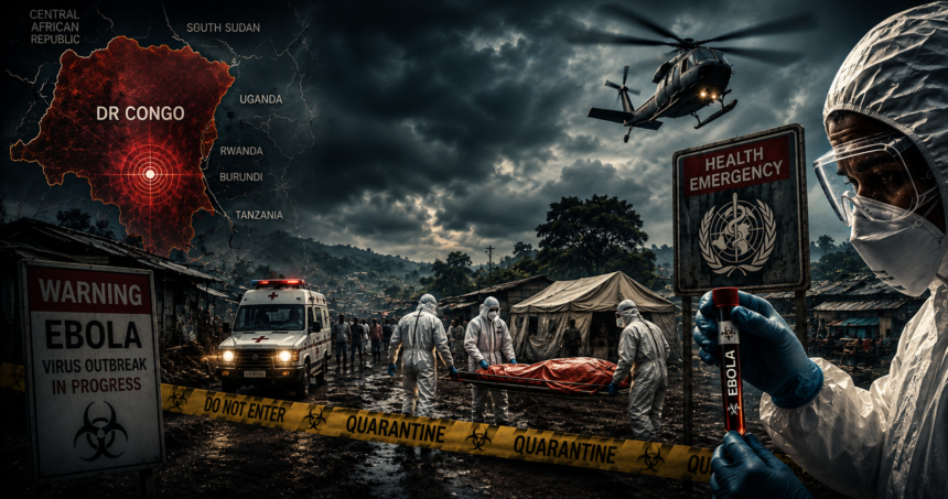Ebola crisis scene in DR Congo with medical tents, hazmat workers, ambulance, and quarantine tape under stormy skies.