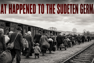 Civilians with luggage walk beside rusted train cars, under a banner that reads 'What happened to the Sudeten Germans?'