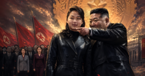 Two people in black leather jackets stand in the foreground as a crowd of officials watches, red flags waving behind them under a dramatic sky.
