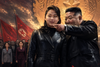Two people in black leather jackets stand in the foreground as a crowd of officials watches, red flags waving behind them under a dramatic sky.