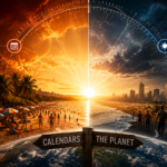 Split-scene infographic showing meteorological summer (June 1) vs. astronomical summer (June 21) with a heatwave on a crowded beach and a thermometer reading high temperatures.