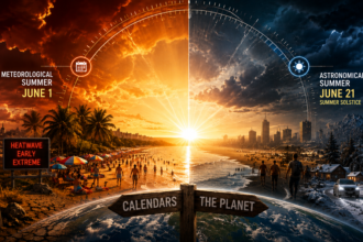 Split-scene infographic showing meteorological summer (June 1) vs. astronomical summer (June 21) with a heatwave on a crowded beach and a thermometer reading high temperatures.