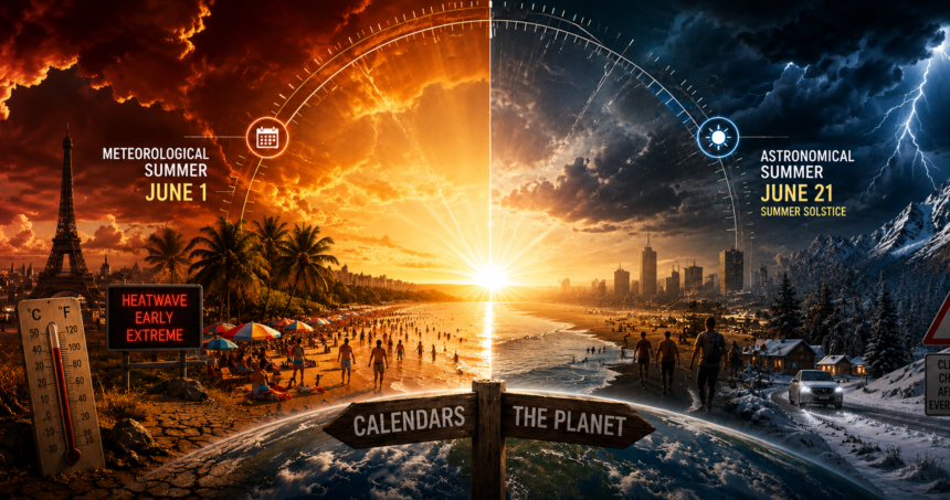 Split-scene infographic showing meteorological summer (June 1) vs. astronomical summer (June 21) with a heatwave on a crowded beach and a thermometer reading high temperatures.