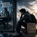 Interview room with three professionals and sticky notes reading 'Too young', 'Not enough experience'; a young jobseeker sits outside, hopeful and ready to contribute, backpack by his side.