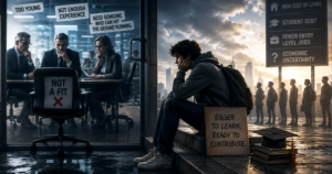 Interview room with three professionals and sticky notes reading 'Too young', 'Not enough experience'; a young jobseeker sits outside, hopeful and ready to contribute, backpack by his side.