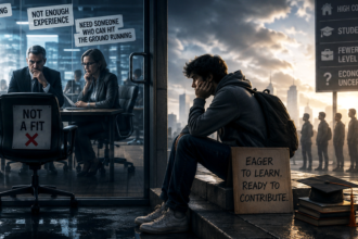 Interview room with three professionals and sticky notes reading 'Too young', 'Not enough experience'; a young jobseeker sits outside, hopeful and ready to contribute, backpack by his side.