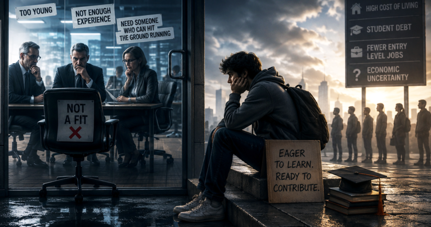 why businesses are scared to hire young people - graphics copy - washington eye Interview room with three professionals and sticky notes reading 'Too young', 'Not enough experience'; a young jobseeker sits outside, hopeful and ready to contribute, backpack by his side.