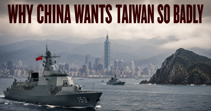 why china wants taiwan so badly 16_9 - washington eye Bold headline reads 'WHY CHINA WANTS TAIWAN SO BADLY' over a naval scene with gray warships near a rocky island and a city skyline in the background, suggesting geopolitical tension.