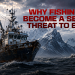 A rusty fishing boat in rough seas near a rocky coast with a lighthouse and snow-capped mountains, accompanied by the bold headline about fishing as a security threat to Europe left-to-right.