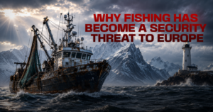 A rusty fishing boat in rough seas near a rocky coast with a lighthouse and snow-capped mountains, accompanied by the bold headline about fishing as a security threat to Europe left-to-right.