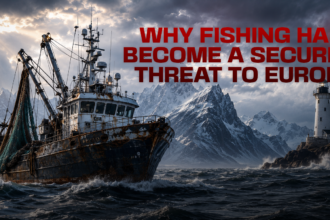A rusty fishing boat in rough seas near a rocky coast with a lighthouse and snow-capped mountains, accompanied by the bold headline about fishing as a security threat to Europe left-to-right.