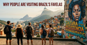 Group of five backpacked tourists overlook a colorful favela hillside in Rio de Janeiro as a mural with 'Cultura Resistencia Comunidad' dominates the wall.