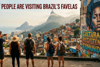 Group of five backpacked tourists overlook a colorful favela hillside in Rio de Janeiro as a mural with 'Cultura Resistencia Comunidad' dominates the wall.