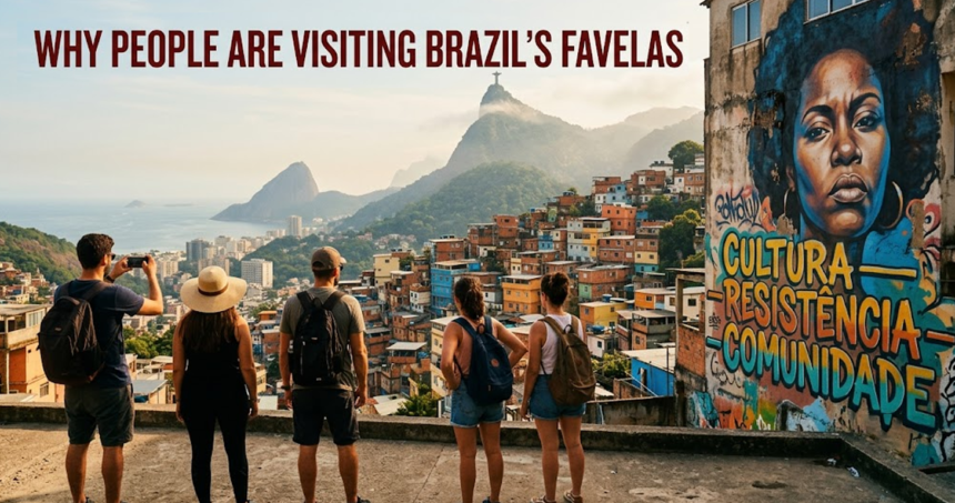 Group of five backpacked tourists overlook a colorful favela hillside in Rio de Janeiro as a mural with 'Cultura Resistencia Comunidad' dominates the wall.