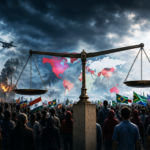 Crowd of protesters with flags surrounds a central scale of justice as the Statue of Liberty covers her face and flames rise in the background.